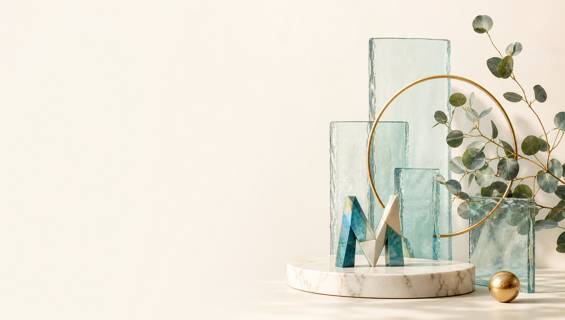 An editorial still life of pale aqua glass slabs, a white marble pedestal, a thin gold ring, eucalyptus branches, and a small faceted Mosaic M.